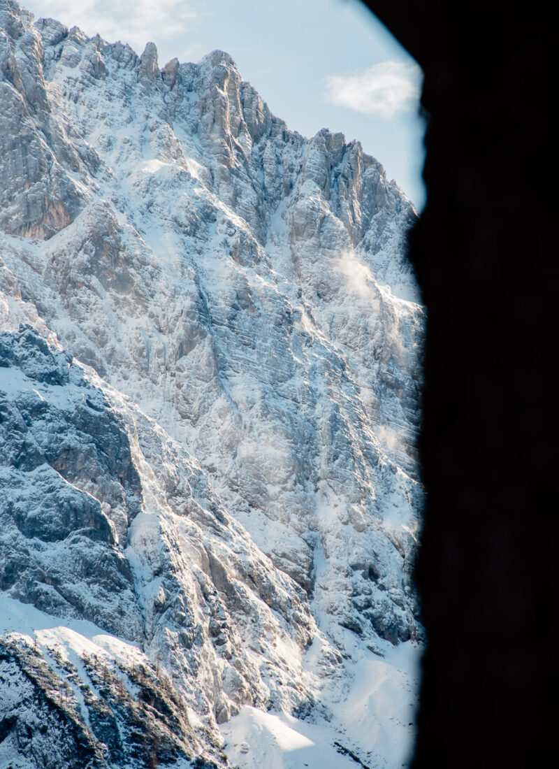 Snow covered mountain views, driving the Vršič Pass in Slovenia