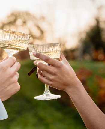 bride and groom clinking champagne glasses at golden hour